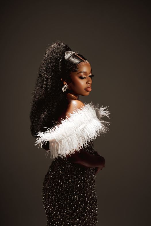 Feathers — Black crystal and a white feather shoulder, slit to the leg, lit against a crescent moon.
