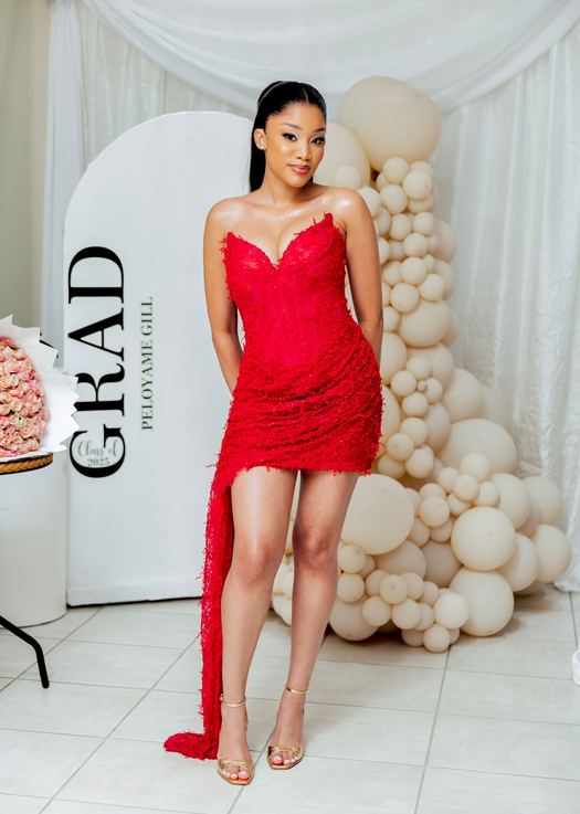 Red Dawn — Textured red lace, strapless, gathered close through the body.